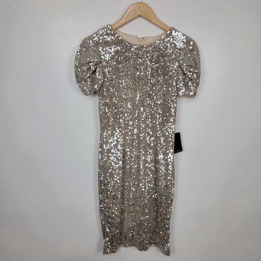Adrianna Papell Dress Sequin‎ Puff Sheath Evening Silver Party Womens 8P